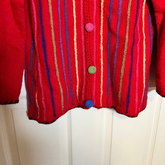 Handmade Peruvian 100% Alpaca Wool Sweater Art to Wear Red Multi Color Stripe - Picture 4 of 9